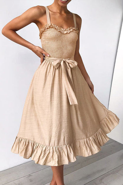 Smocked Bodice Wide Strap Tie Waist Ruffle Hem Midi Dress