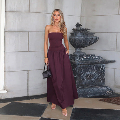 Strapless Bandeau Waistband Pleated Maxi Dress