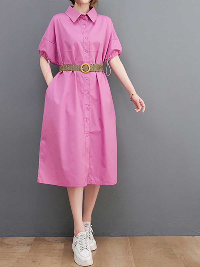 Pointed Collar Button Front Belted Cotton Shirt Midi Dress