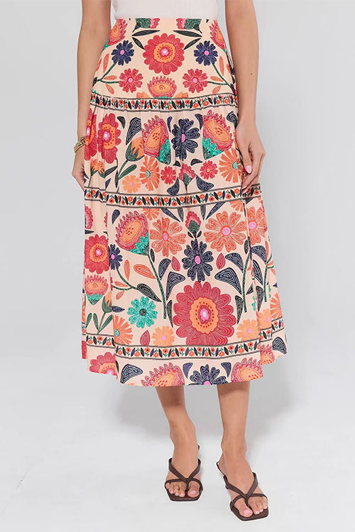 High Rise Floral Print Midi Skirt