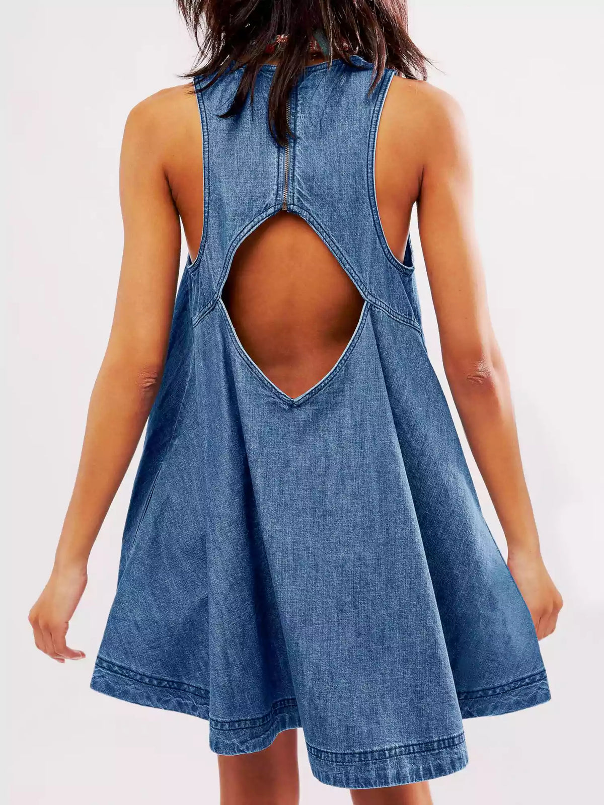 High Neck Sleeveless Denim A-Line Center Seam Mini Dress