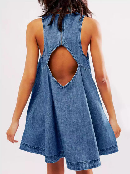 High Neck Sleeveless Denim A-Line Center Seam Mini Dress