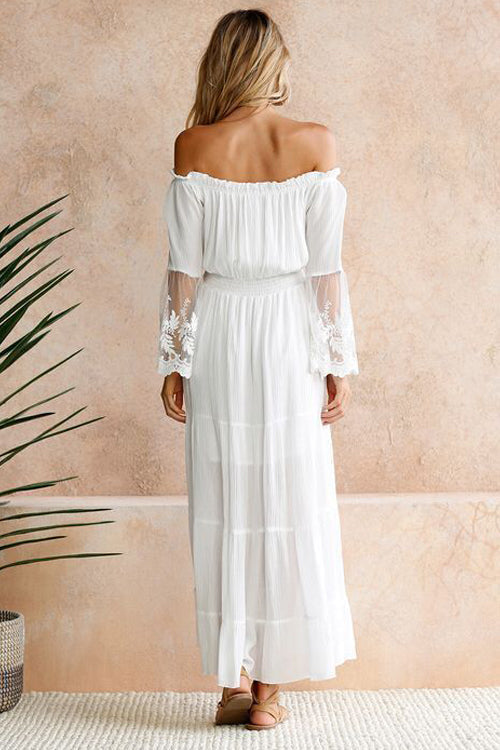 Off Shoulder Smocked Lace Cuff Bell Sleeve Tiered Maxi Dress