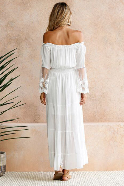 Off Shoulder Smocked Lace Cuff Bell Sleeve Tiered Maxi Dress