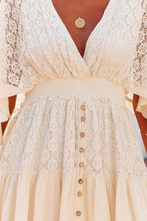 Lace Bell Sleeve Deep V-Neck Button Front Ruffle Hem Mini Dress