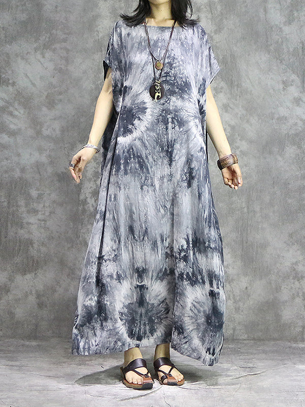 Tie Dye Oversized Short Sleeve Kaftan Shift Column Maxi Dress