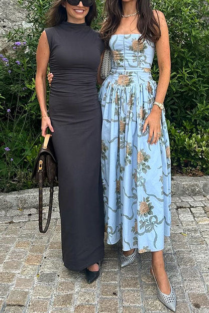 Spaghetti Strap Waisted Floral Print A-line Maxi Dress