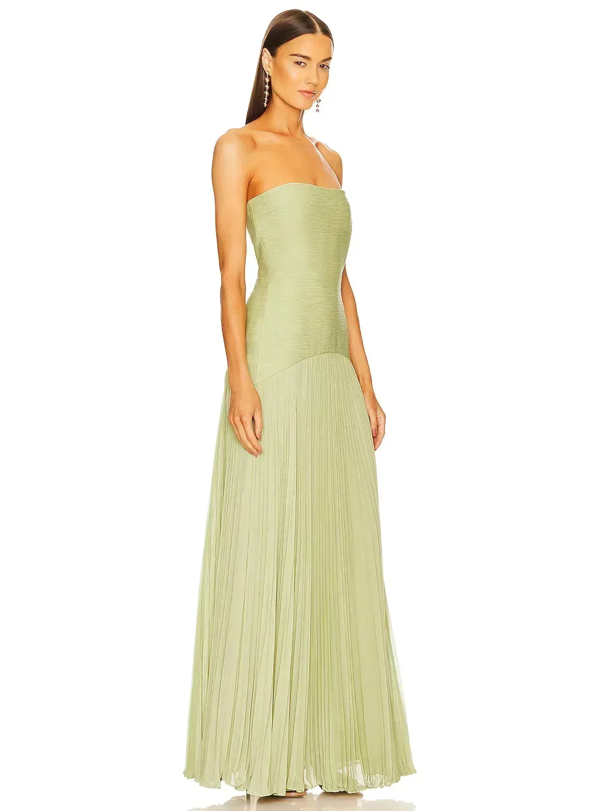 Strapless Drop Waist Accordion Pleat Column Maxi Gown