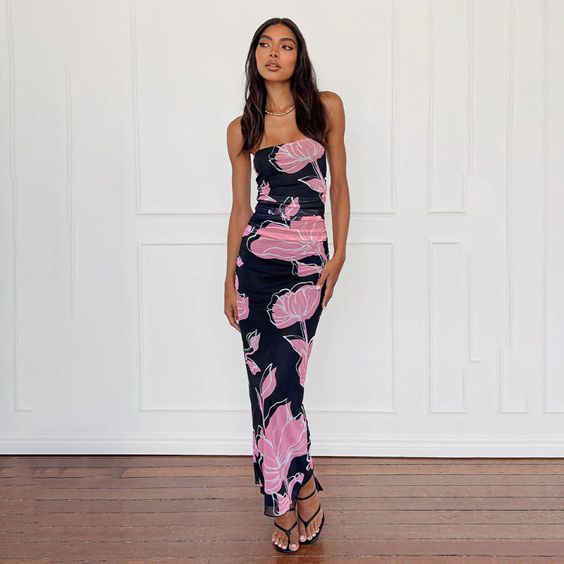 Strapless Ruched Floral Print Column Maxi Dress