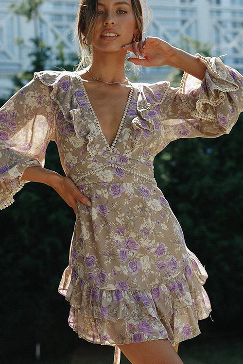 Deep V Neck Crochet Trim Bell Sleeve Tiered Floral Mini Dress