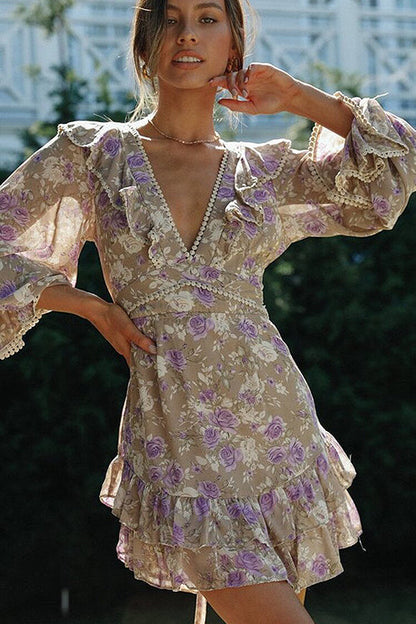 Deep V Neck Crochet Trim Bell Sleeve Tiered Floral Mini Dress