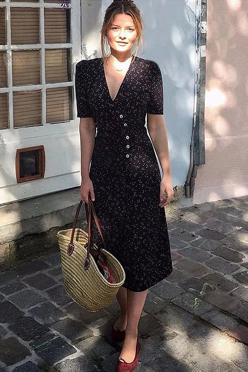 V Neck Ditsy Print Button Front Wrap Midi Dress