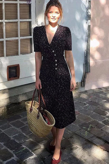 V Neck Ditsy Print Button Front Wrap Midi Dress