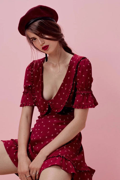 Ruffled Peter Pan Collar Star Print Empire Waist Tiered Mini Dress