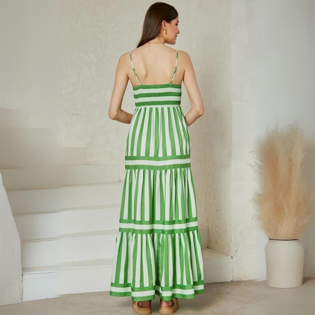 Striped Empire Waist Tiered Ruffle Spaghetti Strap Maxi Dress