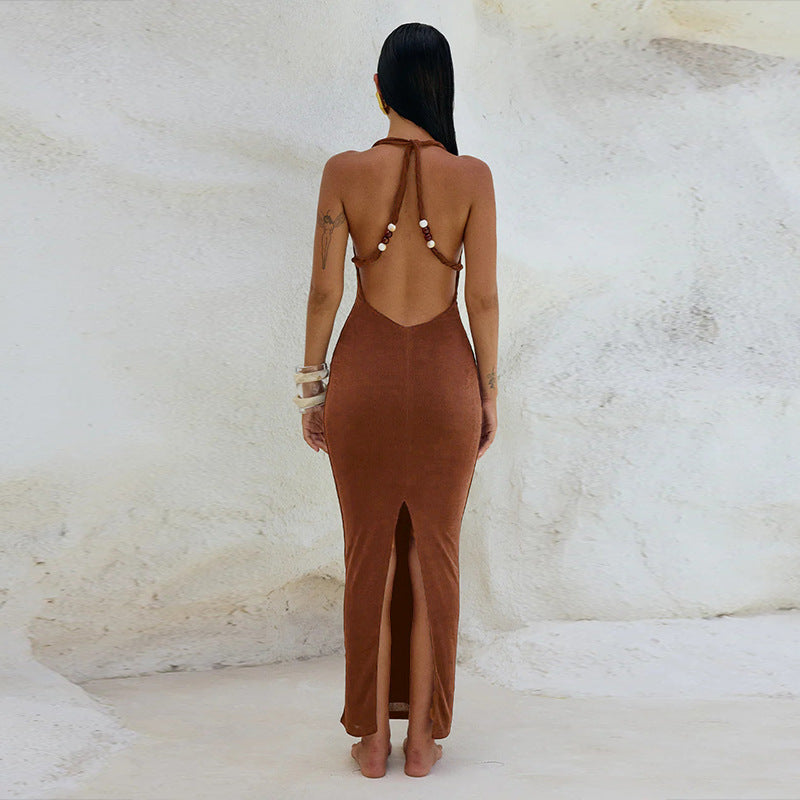 Halter Cowl Neck Backless Bodycon Column Maxi Dress