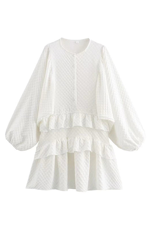 V Neck Button Front Balloon Sleeve Tiered Ruffle Crochet Lace Mini Dress