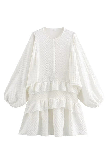 V Neck Button Front Balloon Sleeve Tiered Ruffle Crochet Lace Mini Dress