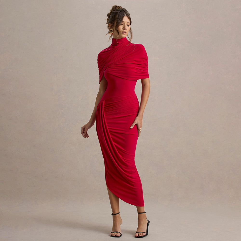 Mock Neck Draped Shoulder Ruched Asymmetrical Midi Dress