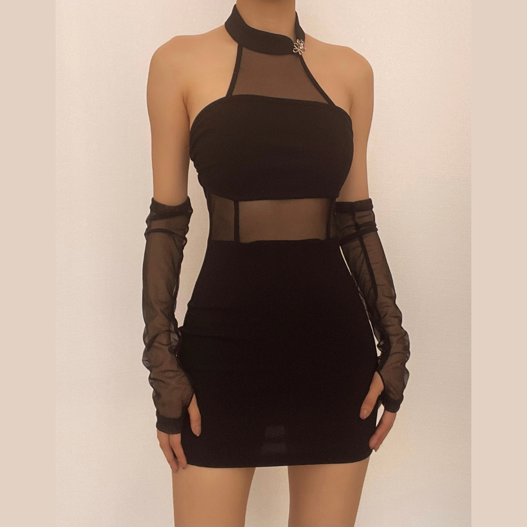 Halter Choker Mesh Panel Button Glove Sleeve Bodycon Mini Dress