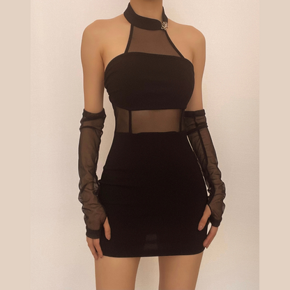Halter Choker Mesh Panel Button Glove Sleeve Bodycon Mini Dress