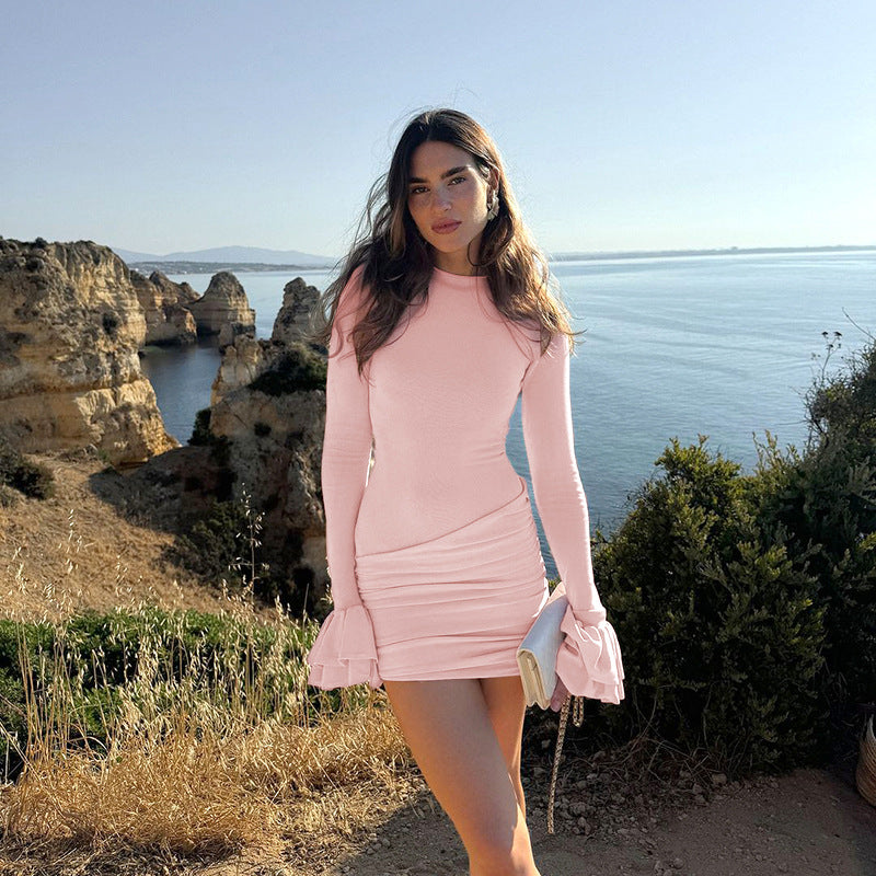 Crew Neck Long Sleeve Ruched Tiered Cuff Flare Hem Mini Dress