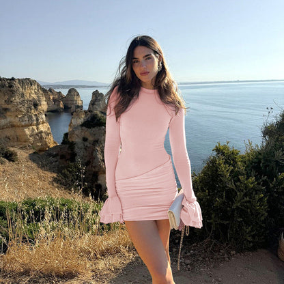 Crew Neck Long Sleeve Ruched Tiered Cuff Flare Hem Mini Dress