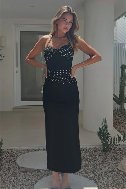 Polka Dot Band Sweetheart Twist Halter Bodycon Maxi Dress