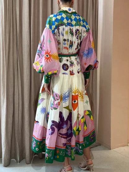 Pointed Collar Mythical Graphic Print Puff Sleeve Belted Maxi Dress