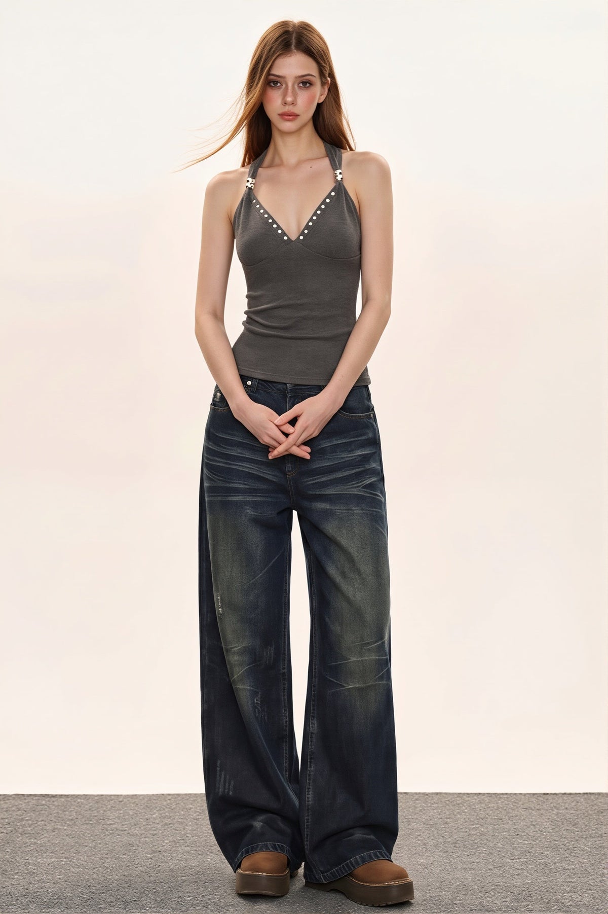 Cashmere V Neck Adjustable Halter Fitted Cami