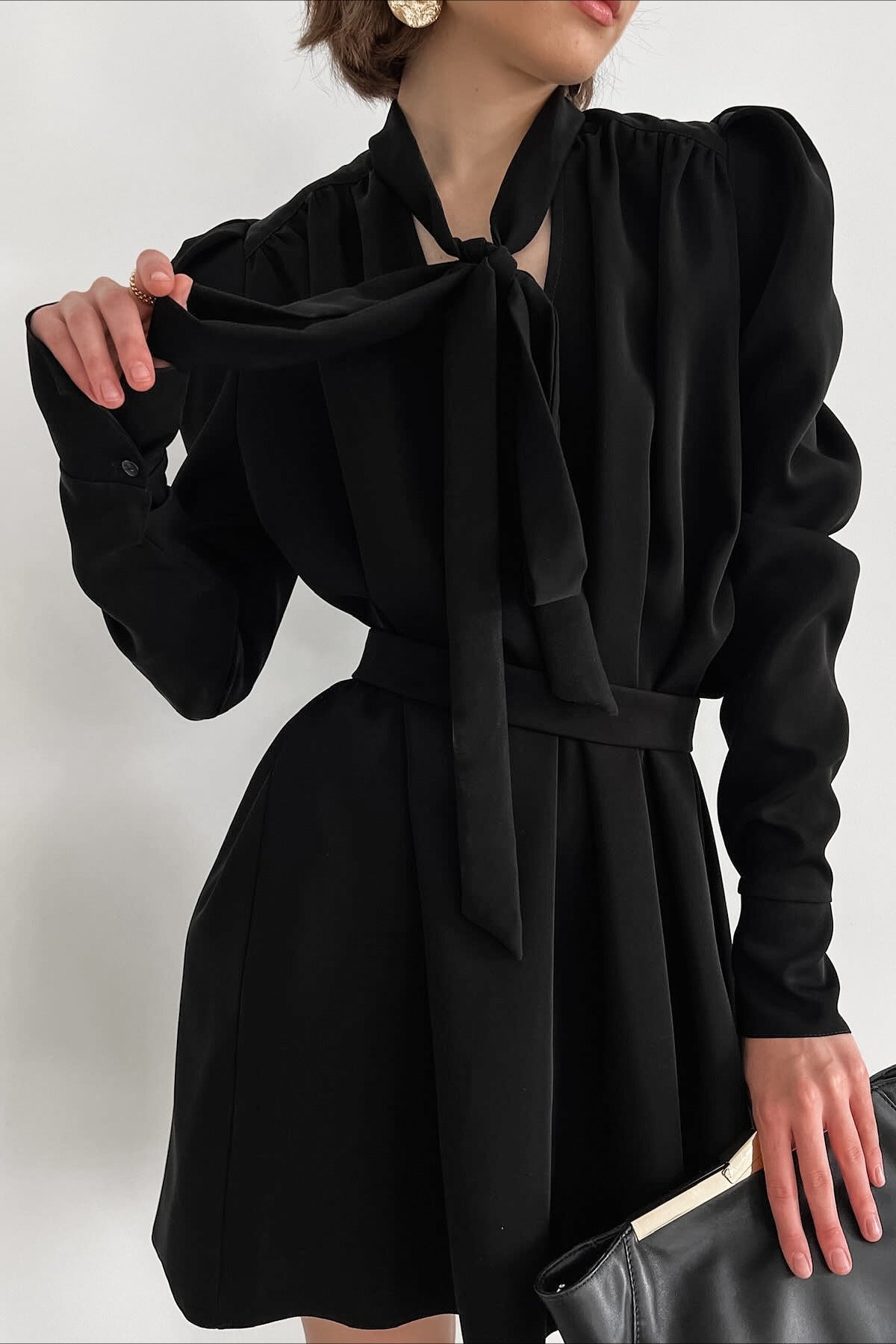 Black V-Neck Puff Sleeve Mini Dress