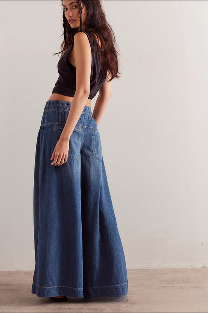 Ruched Mid-Rise Tie Waist Wide Leg Jean