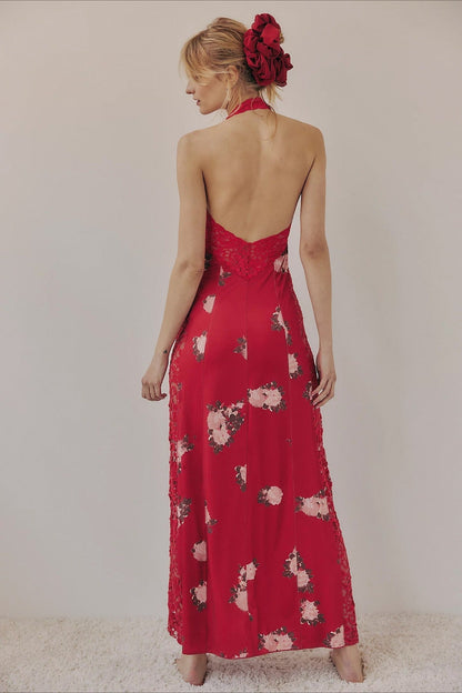 Floral Print Lace Panel Halter Neck High Split Maxi Dress