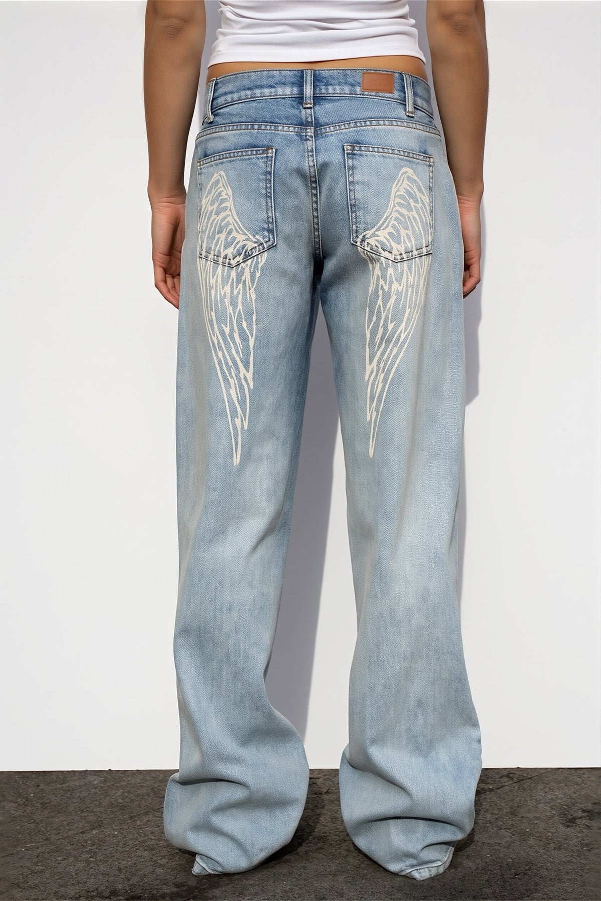 Wings Print Washed Straight Jeans