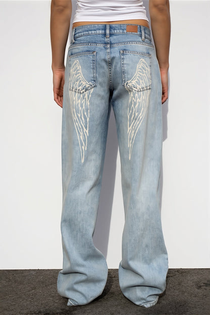 Wings Print Washed Straight Jeans