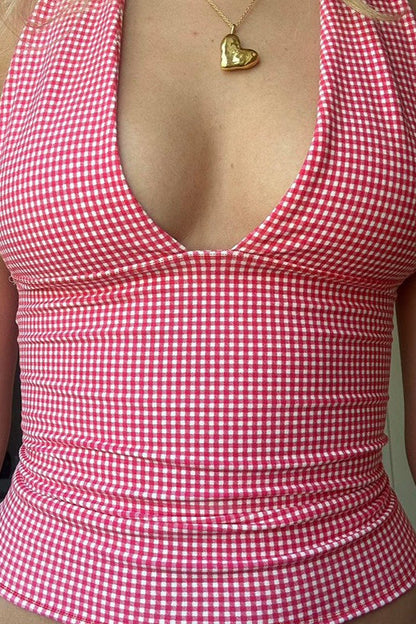 Plaid Deep V Tie Waist Halter Top