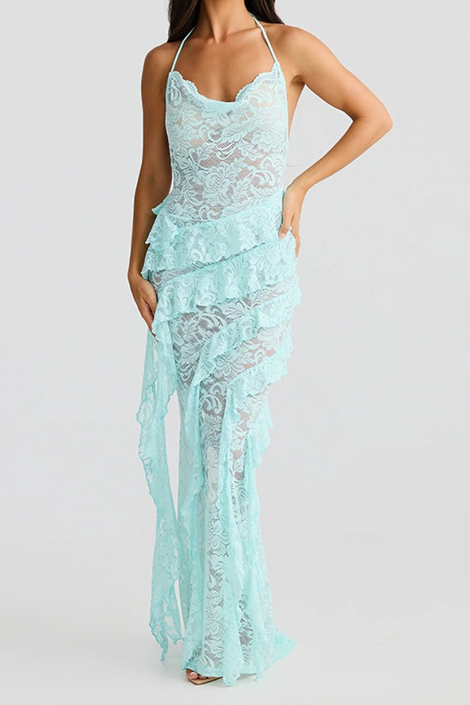 Cowl Halter Lace Cascade Ruffle Maxi Dress