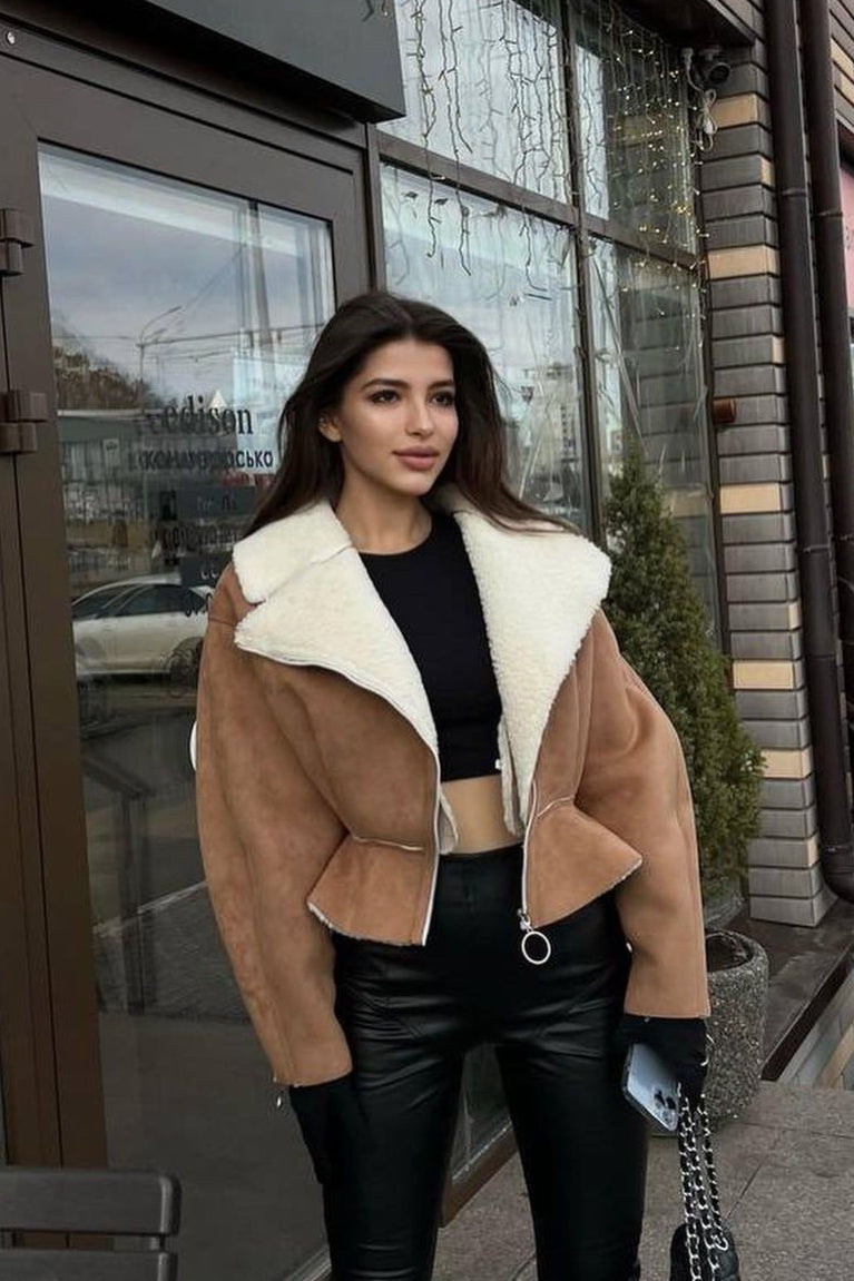 Chic Odd Zip Leather Fur Pieced Coat