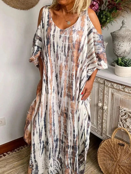 V Neck Cold Shoulder Abstract Marbled Print Oversized Maxi Dress