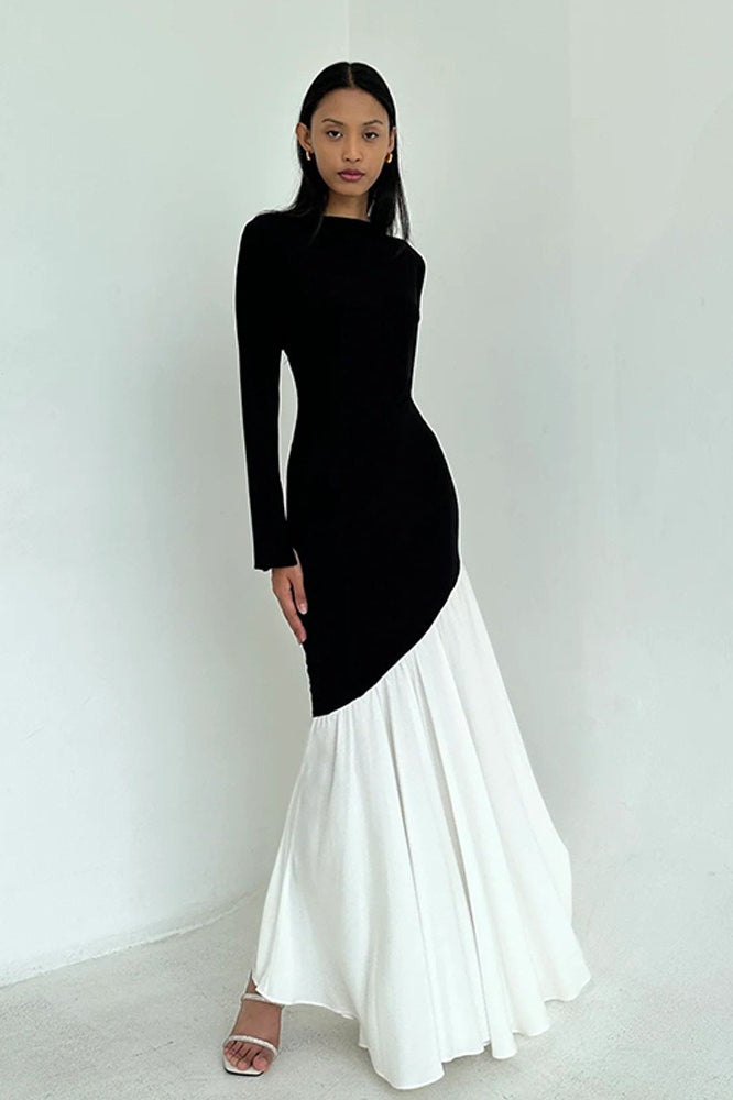 Long Sleeve Diagonal Seam Pleated Tier Maxi Dress