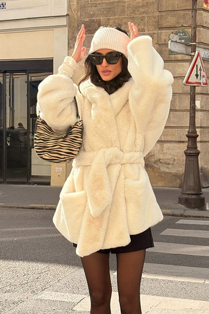 Faux Fur Belted Hooded Coat