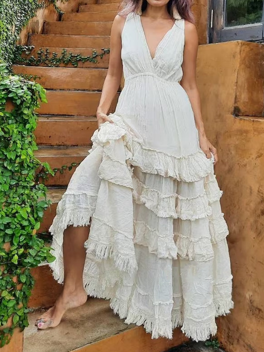 Deep V Neck Empire Waist Multi Tier Frayed Edge Maxi Dress