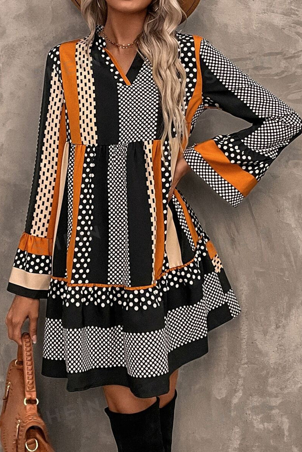 Patchwork Polka Dot Striped Bell Sleeve Tiered Mini Dress