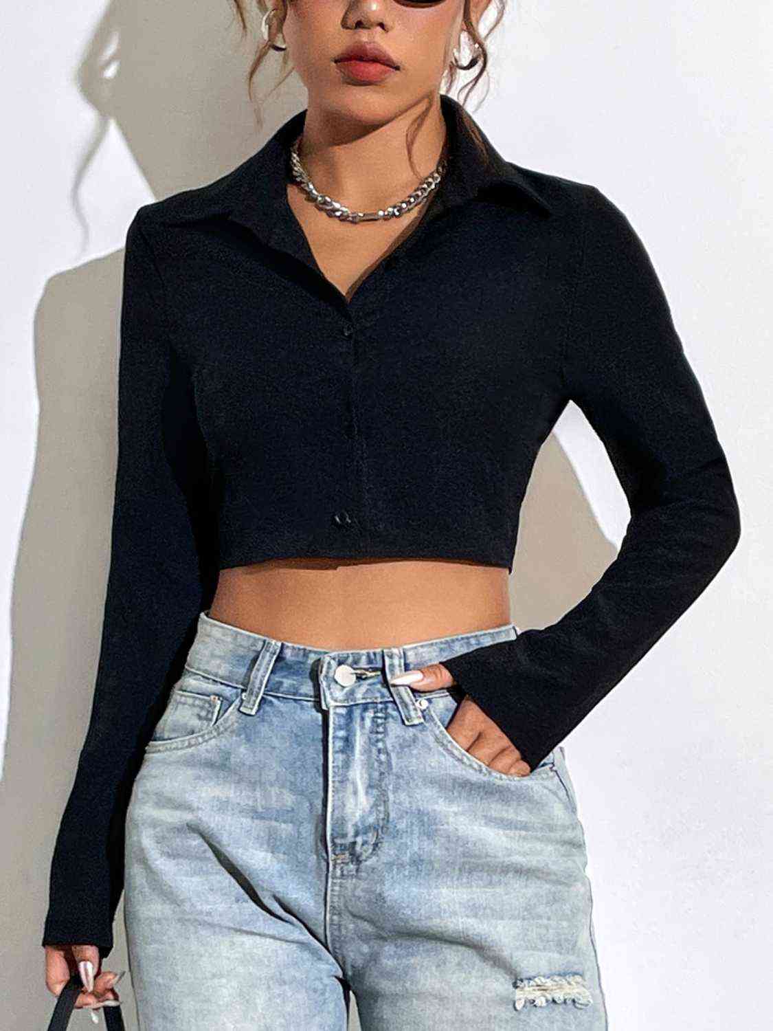 Neck with Long Blouse Arm Button Collared Up
