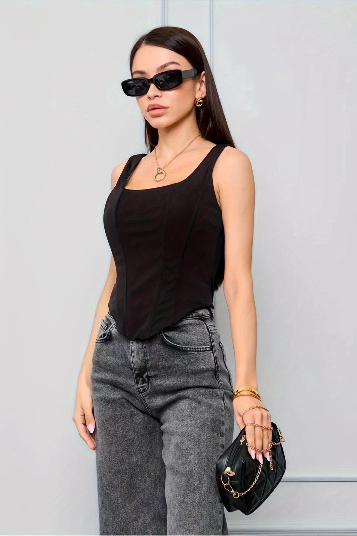 Solid Color Boned Square Neck Tank Top