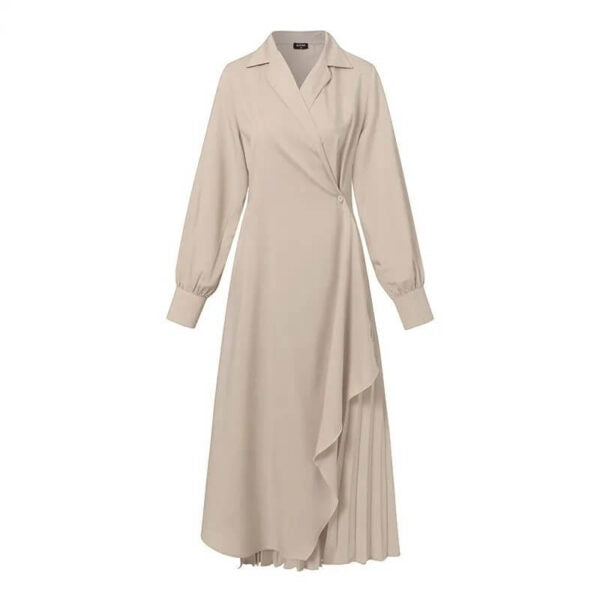 Notched Lapel Long Sleeve Wrap Cascading Ruffle Pleated Panel Maxi Dress