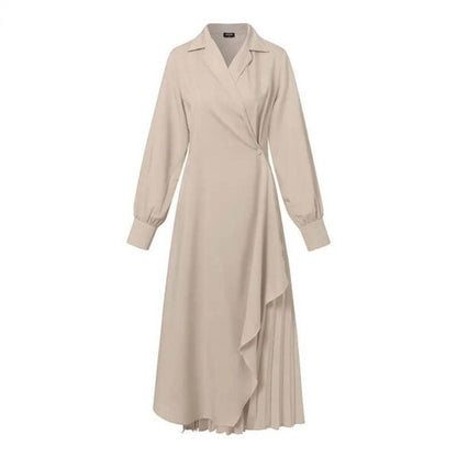 Notched Lapel Long Sleeve Wrap Cascading Ruffle Pleated Panel Maxi Dress