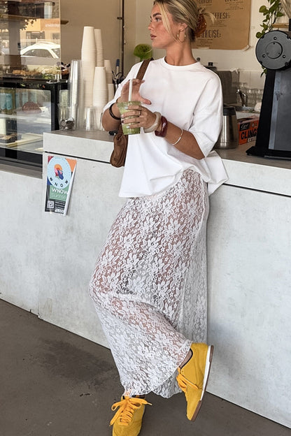 Elegant White Lace High Waist A-line Midi Skirt