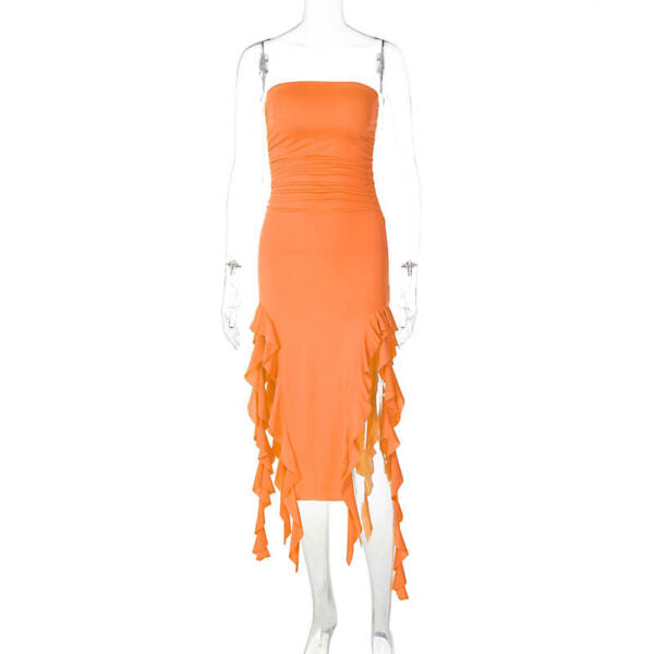 Strapless Ruched Double High Slit Ruffle Trim Pooling Hem Midi Dress