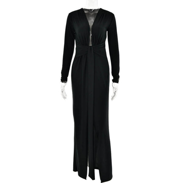 Plunging V Neck Long Sleeve Knot Front High Slit Maxi Dress